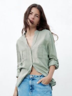 Zara Basic Linen Blend Utility Blouse Sage Green Roll Tab Sleeve Size L